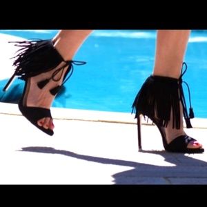 Zara Black Suede Fringe Sandals Heels